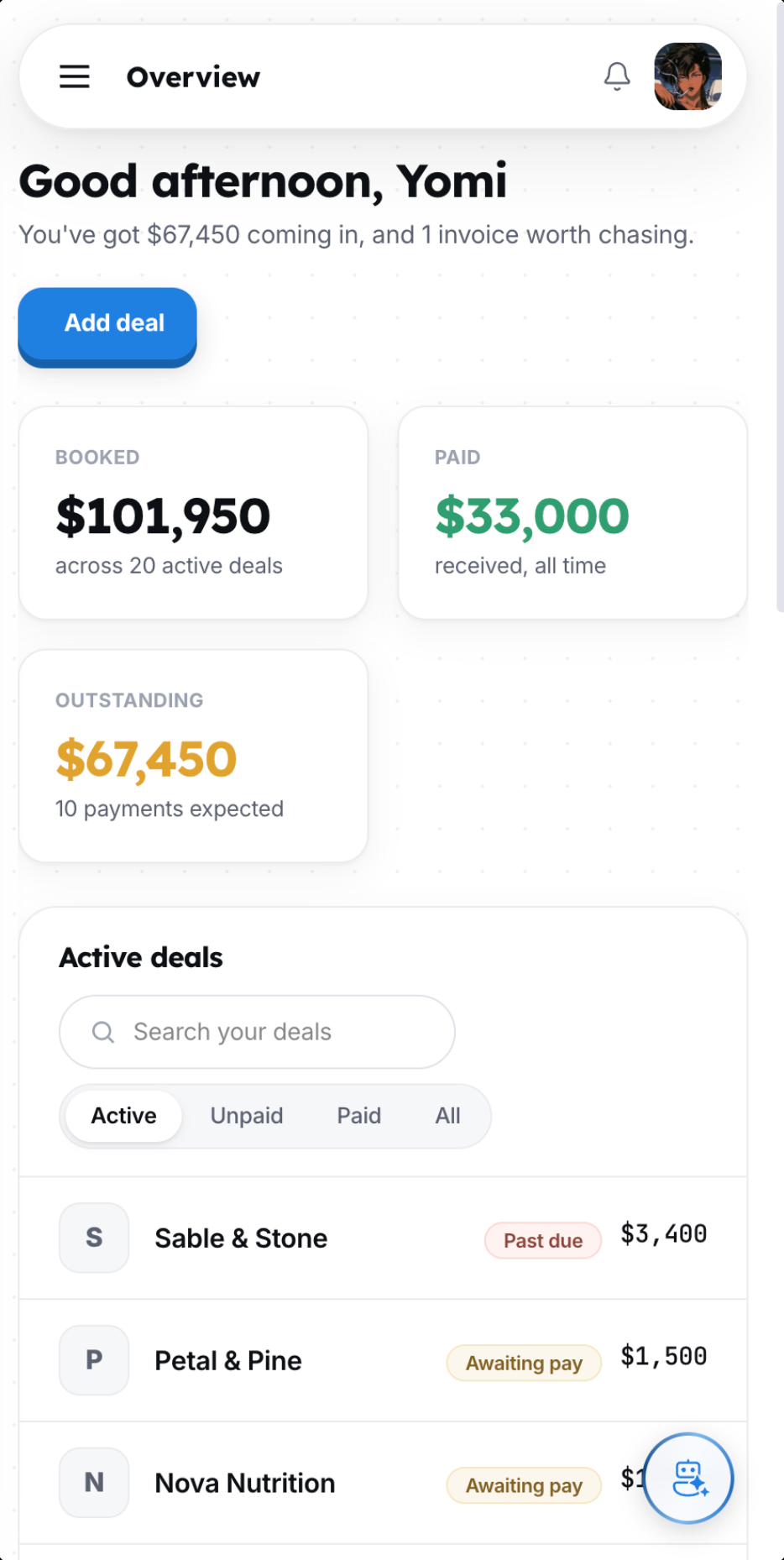 Talby Overview showing $101,950 booked, $33,000 paid, and $67,450 outstanding across active deals